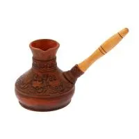 турка керамическая для кофе средняя, деревянная ручка, глазурь 0,5л ручная работа, красная глина